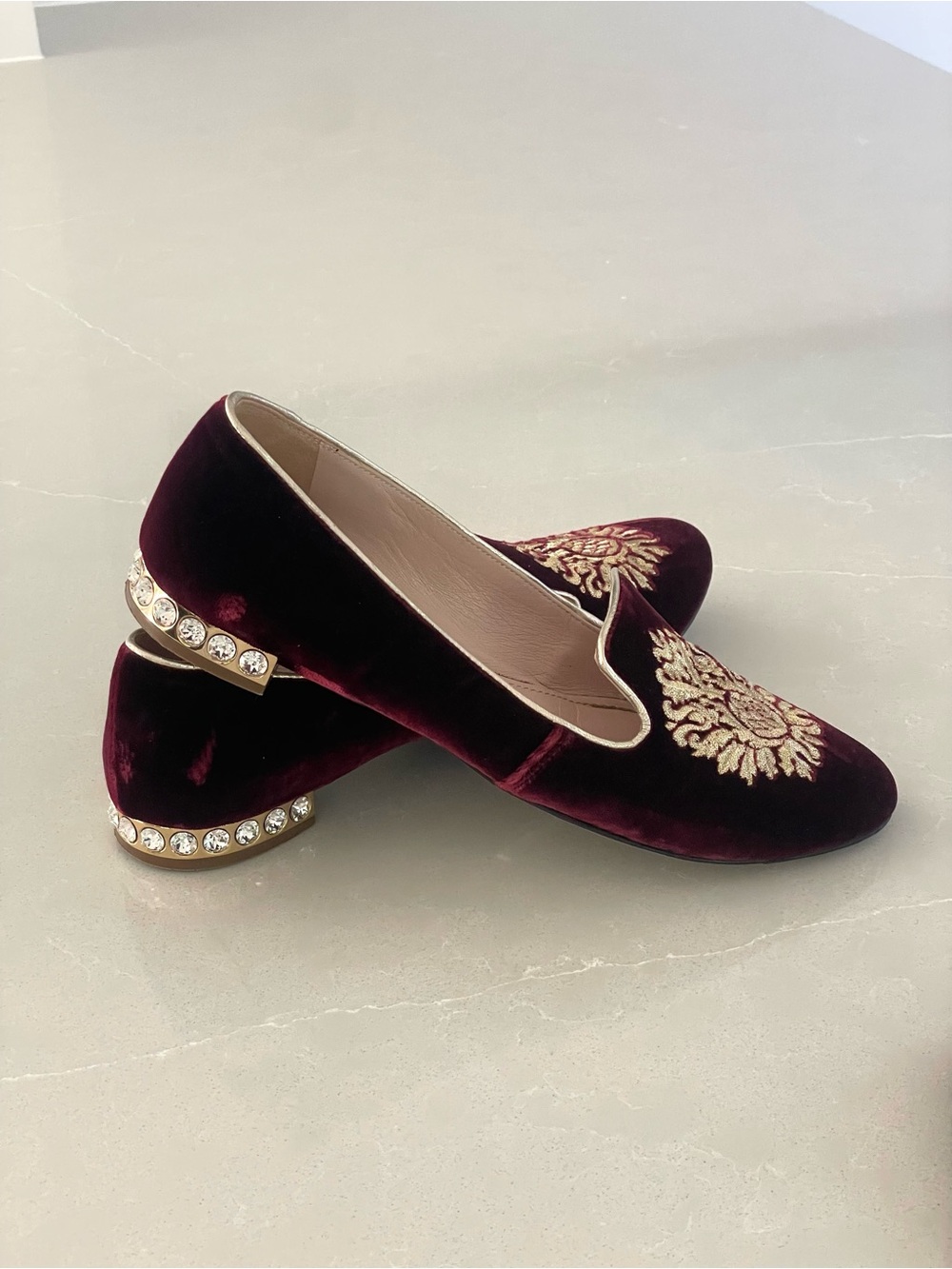 Miu Miu Burgundy Velvet Embroidered Crystal heels Loafers Flats